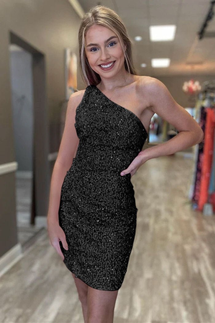Hot Pink Sheath One Shoulder Sequins Mini Party Dresses, Black / 14 Hot Pink Sheath One Shoulder Sequins Mini Party Dresses, Black / 14