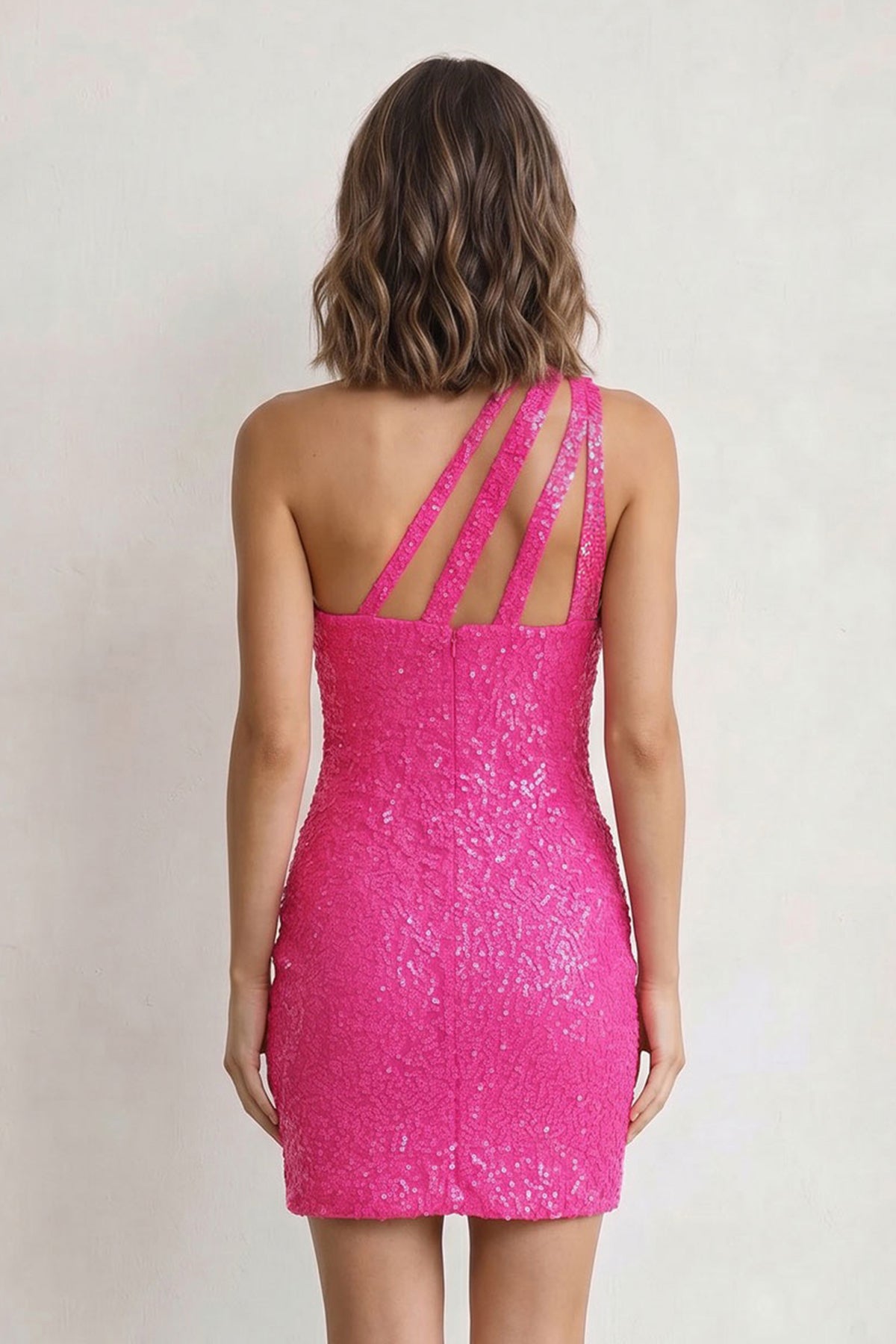 KissProm Hot Pink Sheath One Shoulder Sequins Mini Party Dresses, Hot Pink / 2