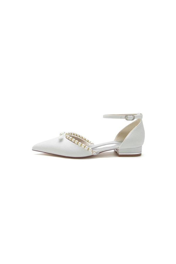 Glitter Pointed Toe Pearl Ankle Strap Low Heels With Bow - KissProm