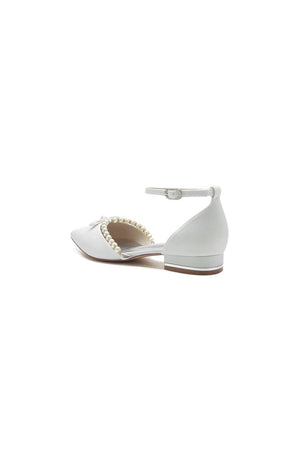 Glitter Pointed Toe Pearl Ankle Strap Low Heels With Bow - KissProm