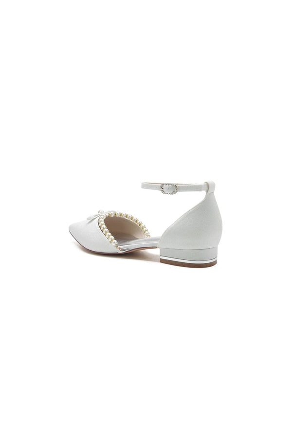 Glitter Pointed Toe Pearl Ankle Strap Low Heels With Bow - KissProm