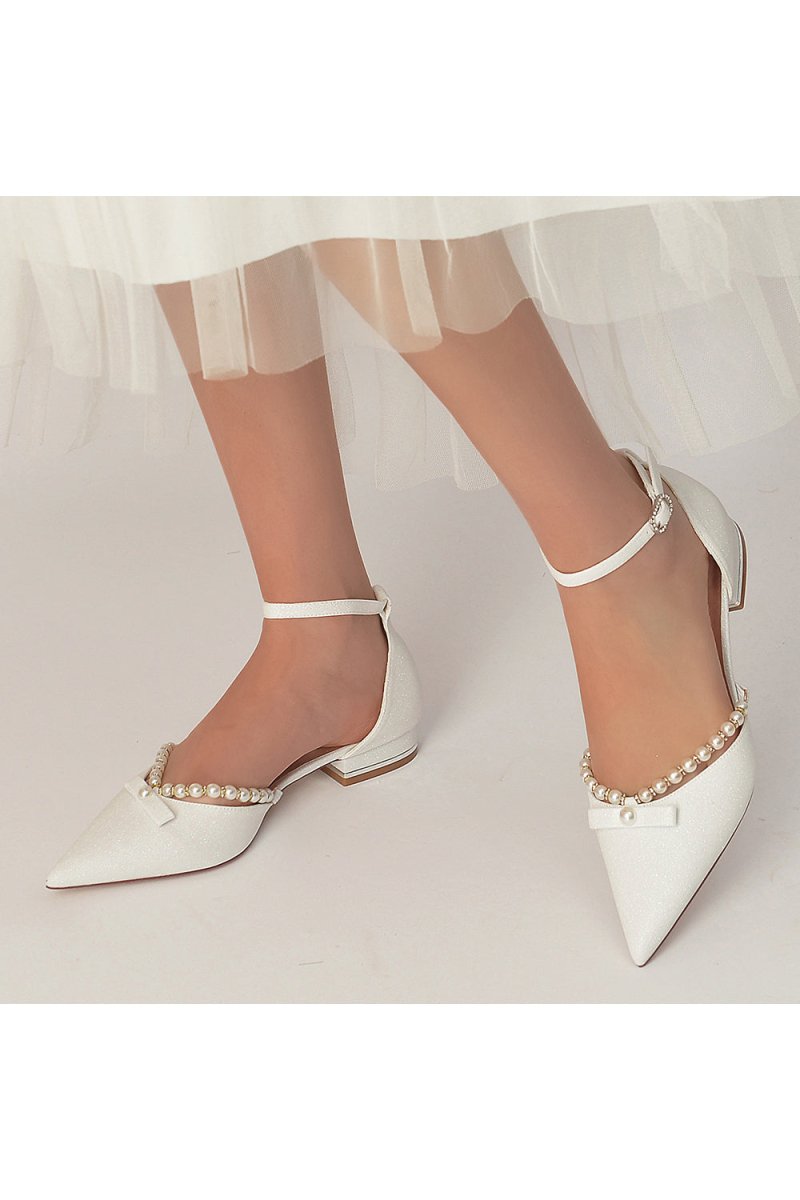Glitter Pointed Toe Pearl Ankle Strap Low Heels With Bow - KissProm