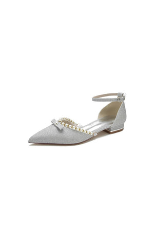 Glitter Pointed Toe Pearl Ankle Strap Low Heels With Bow - KissProm