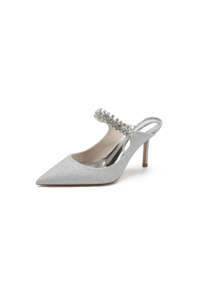 Glitter Pointed Toe Rhinestone Strappy Slip - on Stiletto Heels - KissProm