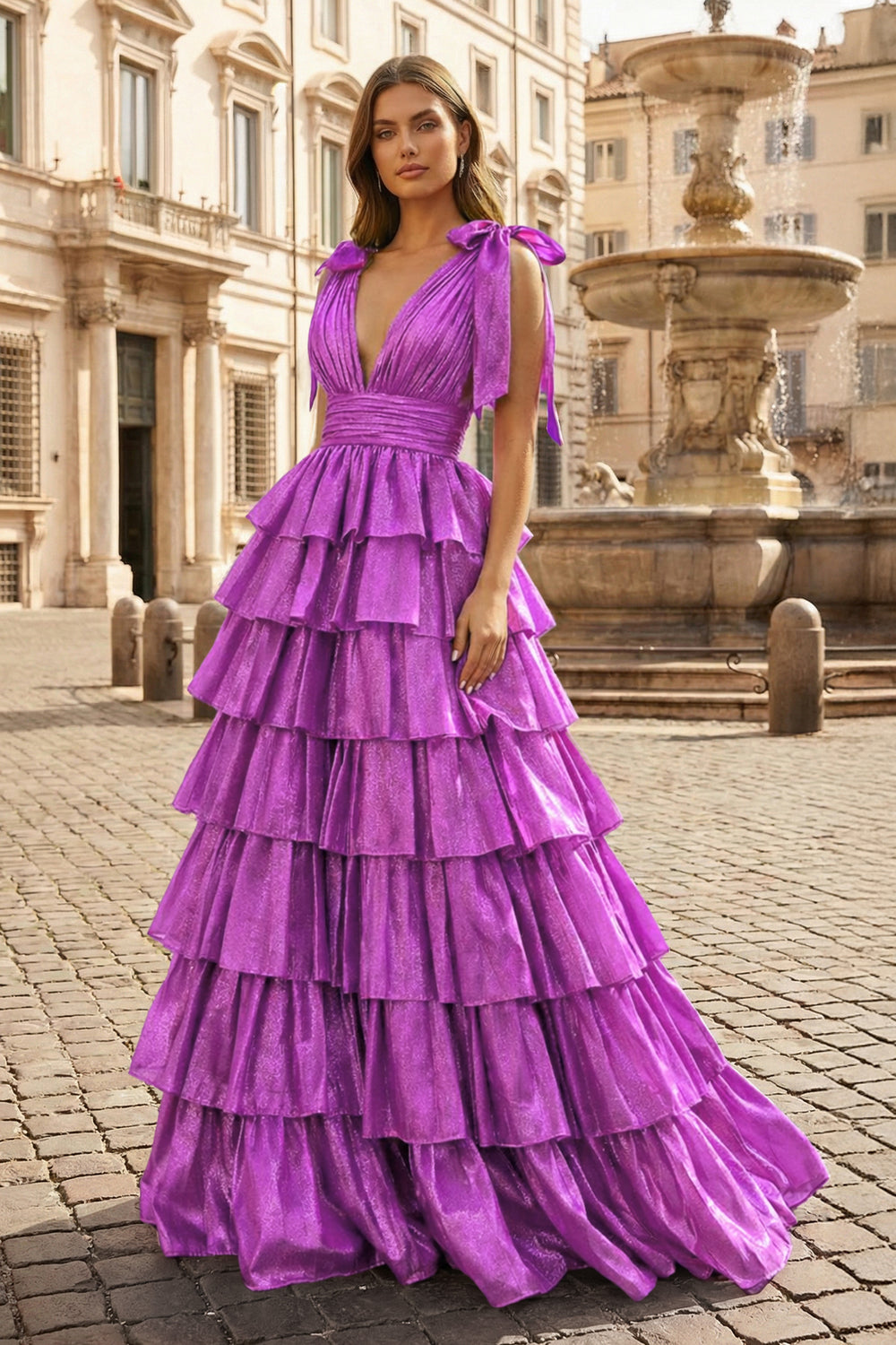 Glitter Tie Straps Pink Plunging Neck Tiered Long Prom Dress - KISSPROM PROM DRESSES