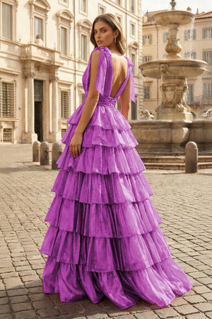 Glitter Tie Straps Pink Plunging Neck Tiered Long Prom Dress - KISSPROM PROM DRESSES
