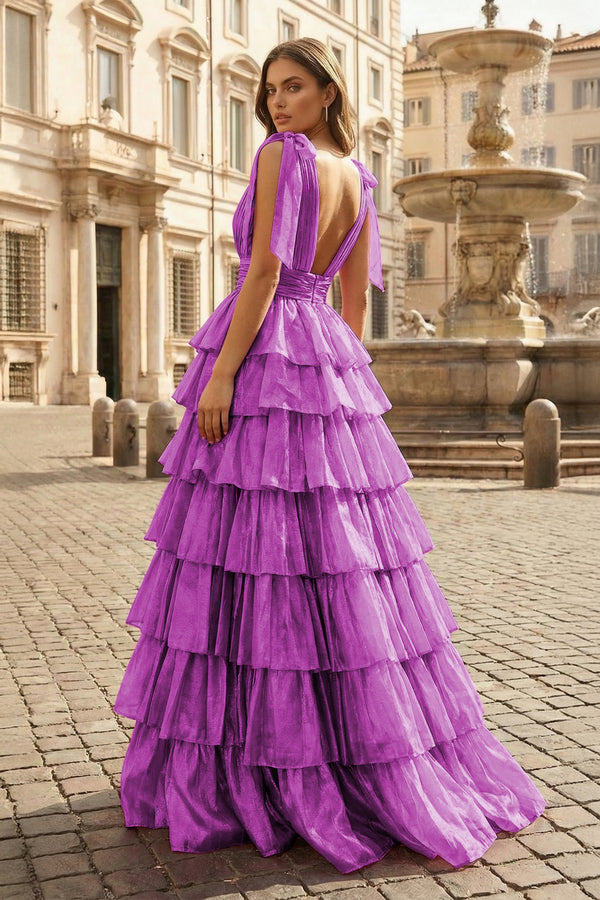 Glitter Tie Straps Pink Plunging Neck Tiered Long Prom Dress - KISSPROM PROM DRESSES