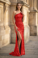 Glitter Red One-Shoulder Mermaid Sequins Long Party Dress with Slit | KISSPROM