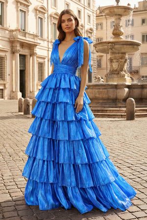 Glitter Tie Straps Pink Plunging Neck Tiered Long Prom Dress - KISSPROM PROM DRESSES