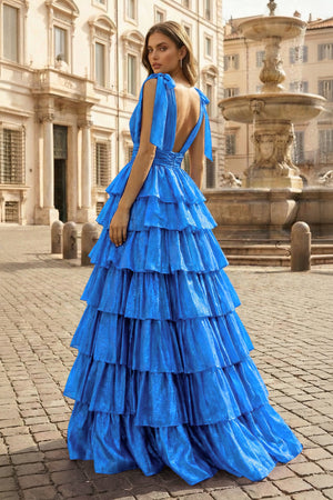 Glitter Tie Straps Pink Plunging Neck Tiered Long Prom Dress - KISSPROM PROM DRESSES
