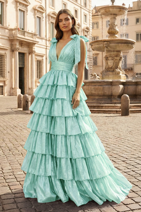 Glitter Tie Straps Pink Plunging Neck Tiered Long Prom Dress - KISSPROM PROM DRESSES