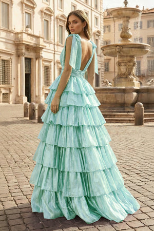 Glitter Tie Straps Pink Plunging Neck Tiered Long Prom Dress - KISSPROM PROM DRESSES
