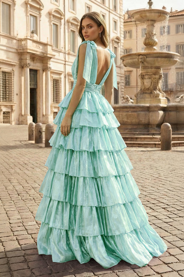 Glitter Tie Straps Pink Plunging Neck Tiered Long Prom Dress - KISSPROM PROM DRESSES