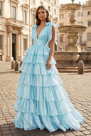 Glitter Tie Straps Pink Plunging Neck Tiered Long Prom Dress - KISSPROM PROM DRESSES