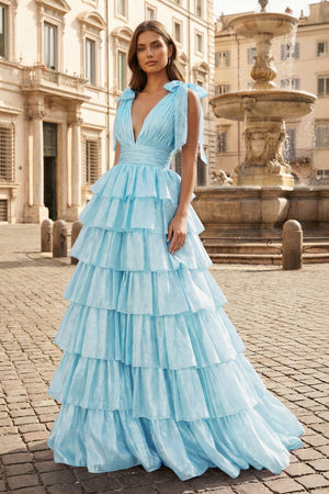 Glitter Tie Straps Pink Plunging Neck Tiered Long Prom Dress - KISSPROM PROM DRESSES