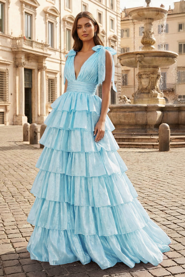 Glitter Tie Straps Pink Plunging Neck Tiered Long Prom Dress - KISSPROM PROM DRESSES