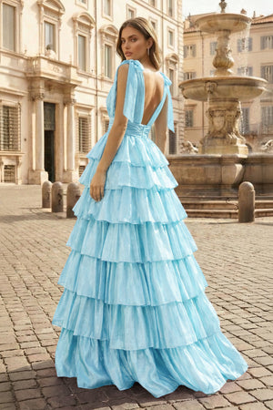 Glitter Tie Straps Pink Plunging Neck Tiered Long Prom Dress - KISSPROM PROM DRESSES