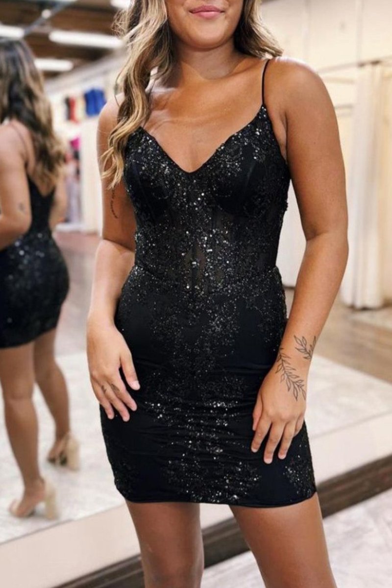 Veromca | Glitter Sparkly Bodycon Zipper Back Spaghetti Straps Short Homecoming Dress
