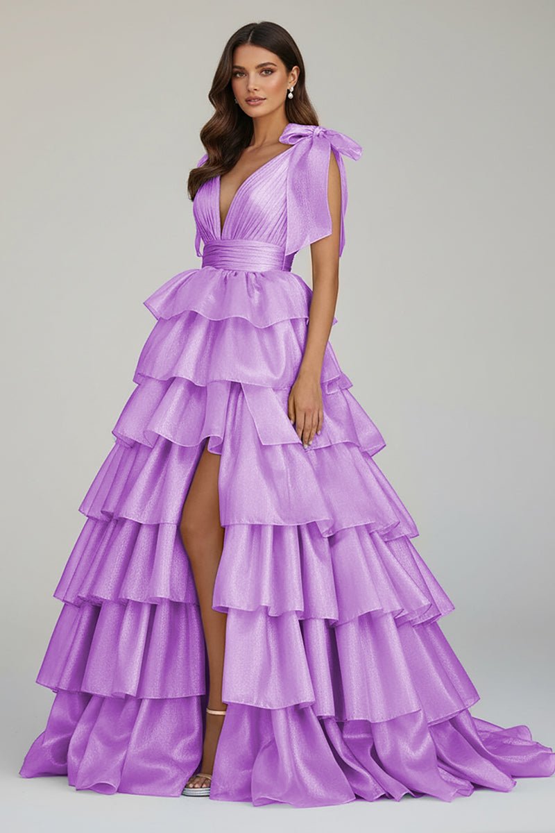 KissProm-August Lilac Glitter Tie Straps Pink Plunging Neck Tiered Long Prom Dress