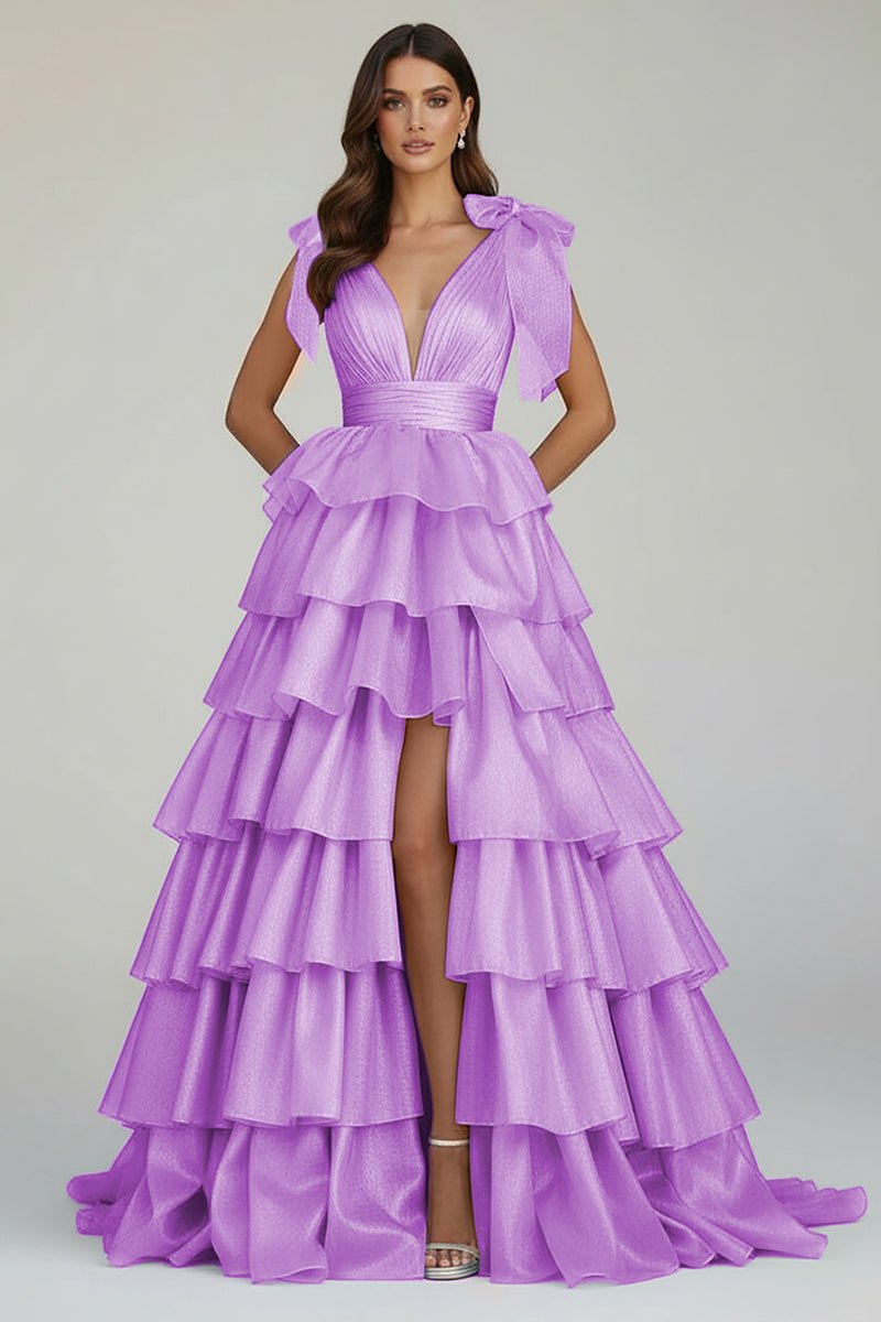 KissProm-August Lilac Glitter Tie Straps Pink Plunging Neck Tiered Long Prom Dress