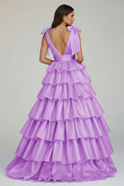 KissProm-August Lilac Glitter Tie Straps Pink Plunging Neck Tiered Long Prom Dress