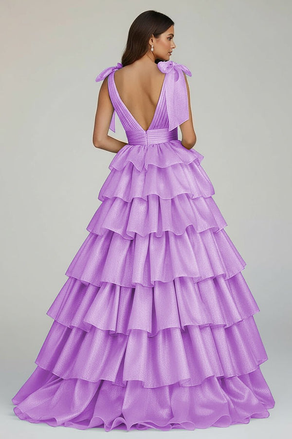 KissProm-August Lilac Glitter Tie Straps Pink Plunging Neck Tiered Long Prom Dress