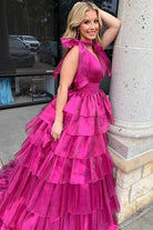 KissProm-August Magenta Glitter Tie Straps Pink Plunging Neck Tiered Long Prom Dress