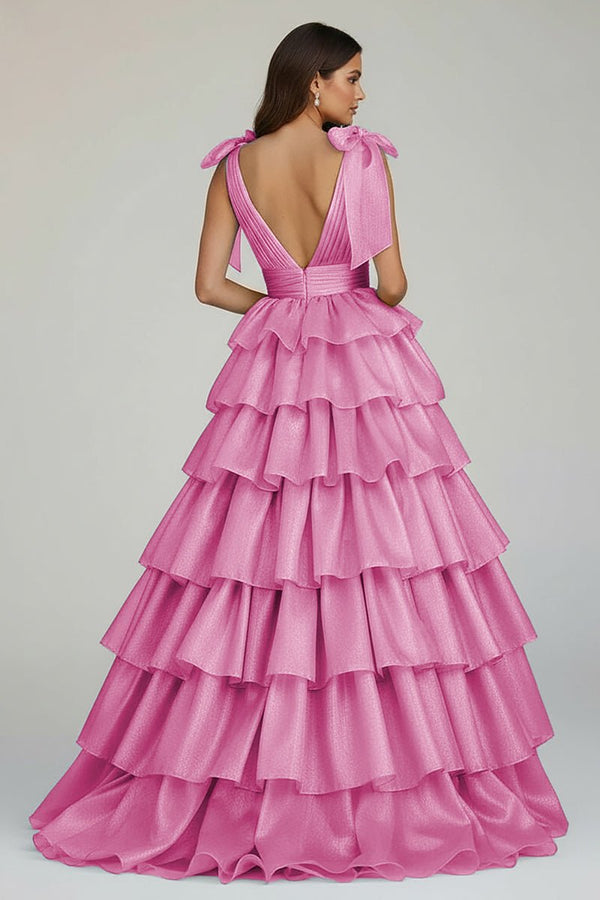 Glitter Tie Straps Pink Plunging Neck Tiered Long Prom Dress - KISSPROM PROM DRESSES