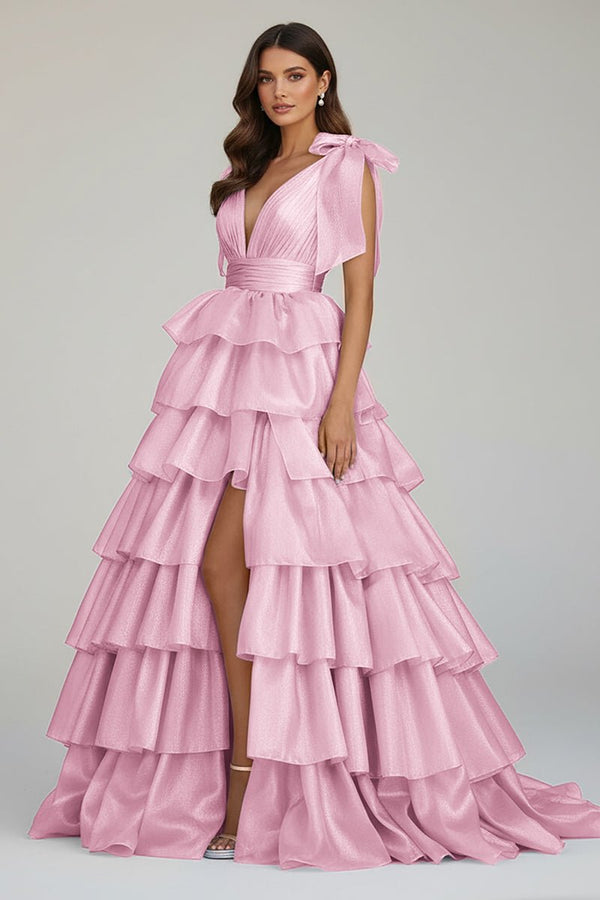 Glitter Tie Straps Pink Plunging Neck Tiered Long Prom Dress - KISSPROM PROM DRESSES