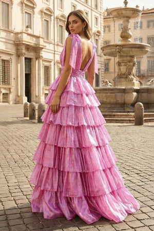 Glitter Tie Straps Pink Plunging Neck Tiered Long Prom Dress - KISSPROM PROM DRESSES