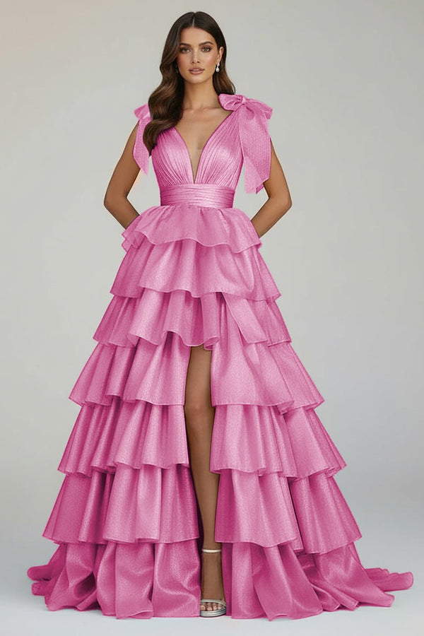 Glitter Tie Straps Pink Plunging Neck Tiered Long Prom Dress - KISSPROM PROM DRESSES