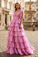 Glitter Tie Straps Pink Plunging Neck Tiered Long Prom Dress - KISSPROM PROM DRESSES