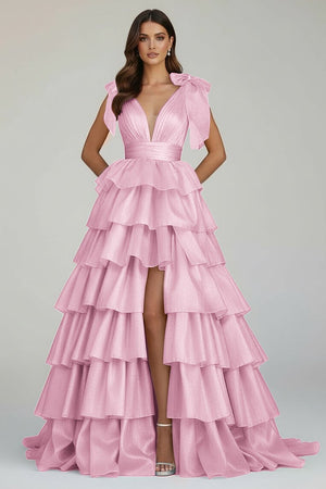 Glitter Tie Straps Pink Plunging Neck Tiered Long Prom Dress - KISSPROM PROM DRESSES