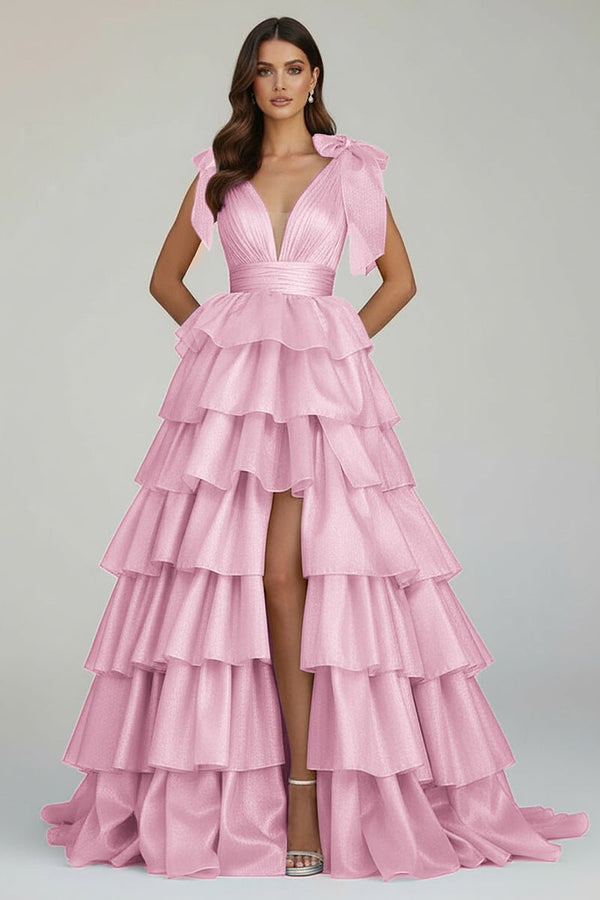 Glitter Tie Straps Pink Plunging Neck Tiered Long Prom Dress - KISSPROM PROM DRESSES