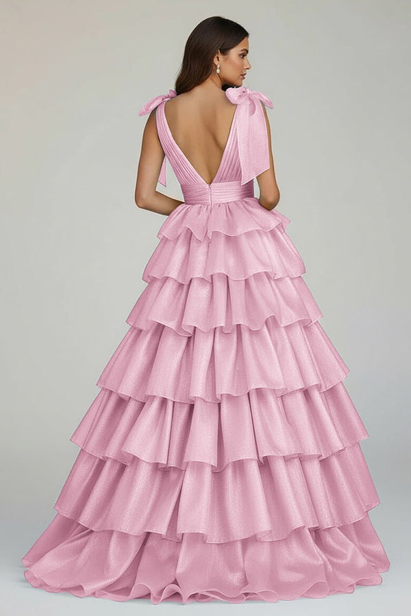 Glitter Tie Straps Pink Plunging Neck Tiered Long Prom Dress Pink / 8