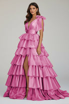 August | Glitter Tie Straps Pink Plunging Neck Tiered Long Prom Dress - KissProm