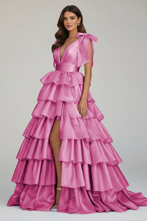 Glitter Tie Straps Pink Plunging Neck Tiered Long Prom Dress - KISSPROM PROM DRESSES