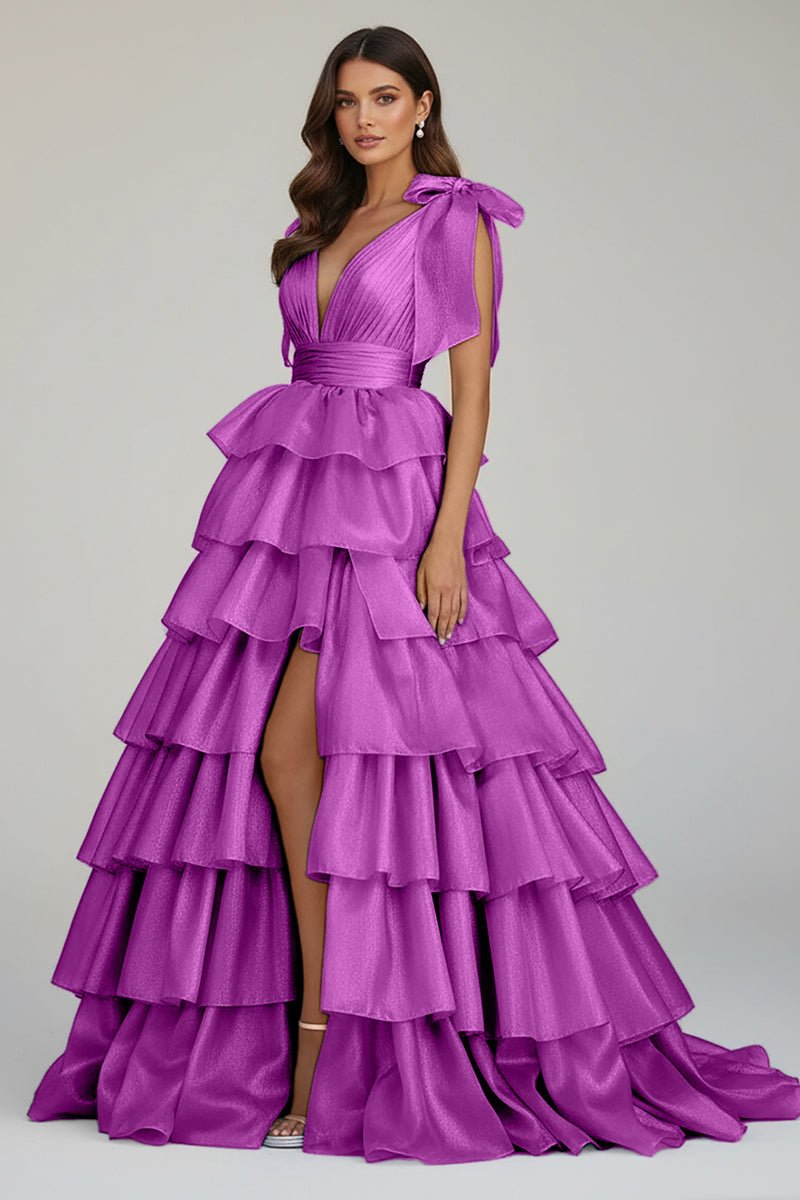 KissProm-August Purple Glitter Tie Straps Pink Plunging Neck Tiered Long Prom Dress