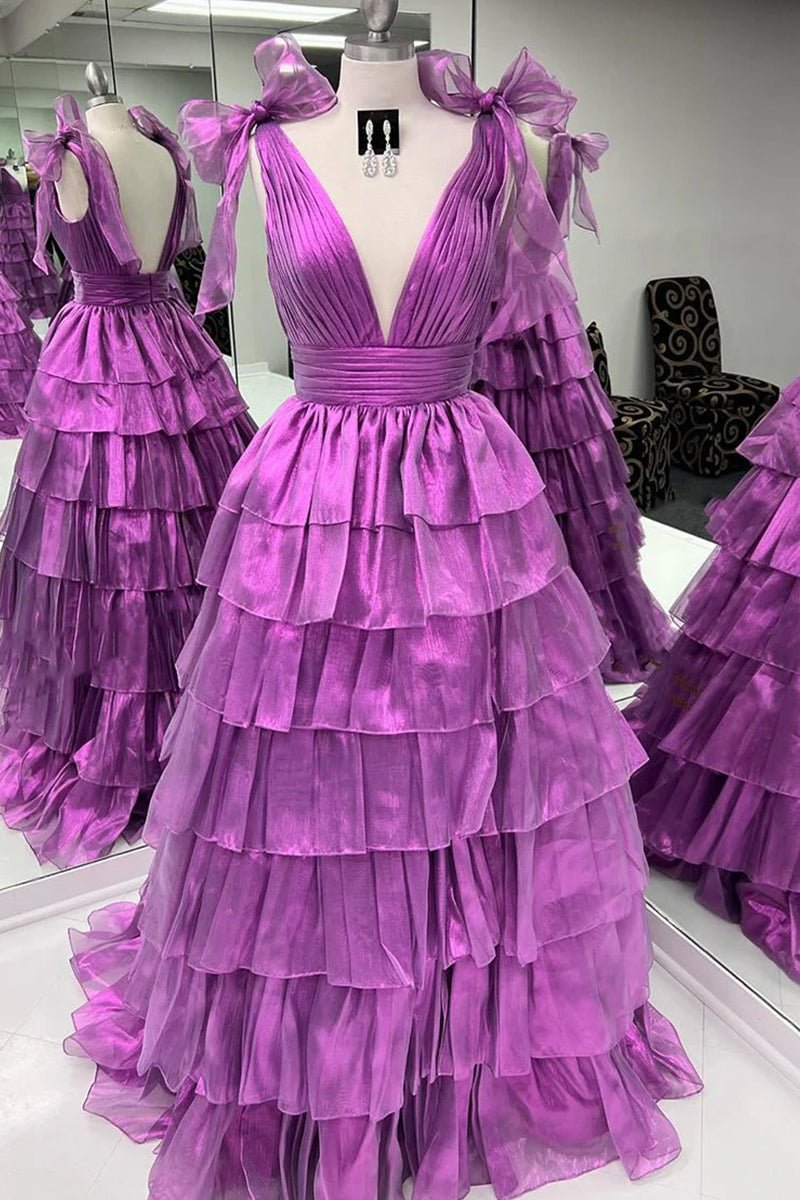 KissProm-August Purple Glitter Tie Straps Pink Plunging Neck Tiered Long Prom Dress