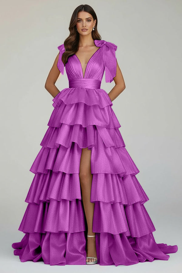 Glitter Tie Straps Pink Plunging Neck Tiered Long Prom Dress - KISSPROM PROM DRESSES