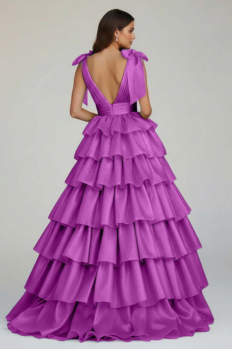 KissProm-August Purple Glitter Tie Straps Pink Plunging Neck Tiered Long Prom Dress