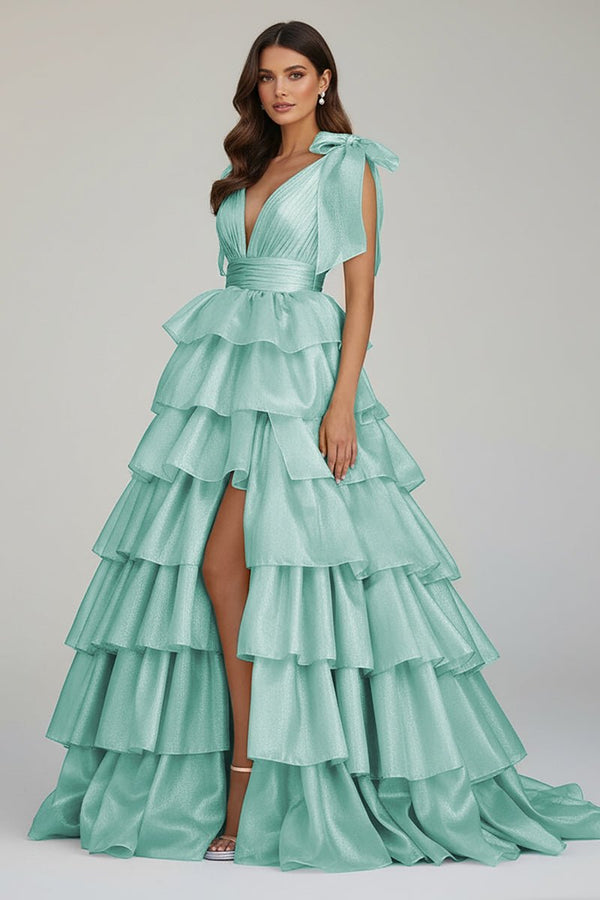 Glitter Tie Straps Pink Plunging Neck Tiered Long Prom Dress - KISSPROM PROM DRESSES