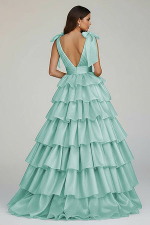 Glitter Tie Straps Pink Plunging Neck Tiered Long Prom Dress - KISSPROM PROM DRESSES