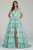 August | Glitter Tie Straps Pink Plunging Neck Tiered Long Prom Dress - KissProm