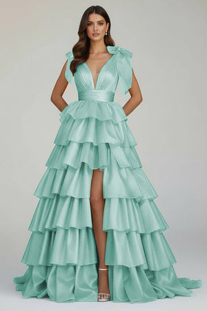 August | Glitter Tie Straps Pink Plunging Neck Tiered Long Prom Dress - KissProm