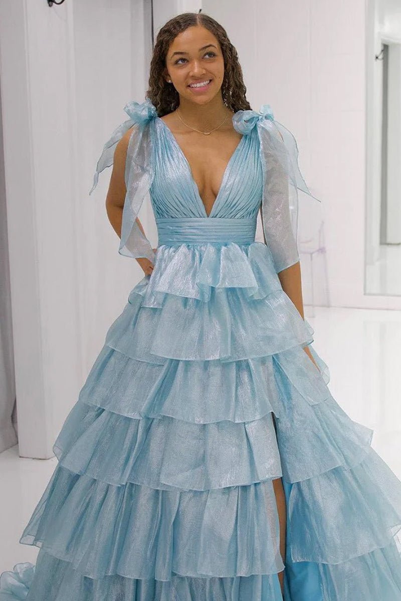 KissProm-August Sky Blue Glitter Tie Straps Pink Plunging Neck Tiered Long Prom Dress