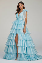KissProm-August Sky Blue Glitter Tie Straps Pink Plunging Neck Tiered Long Prom Dress