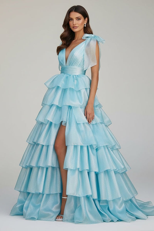 Glitter Tie Straps Pink Plunging Neck Tiered Long Prom Dress - KISSPROM PROM DRESSES