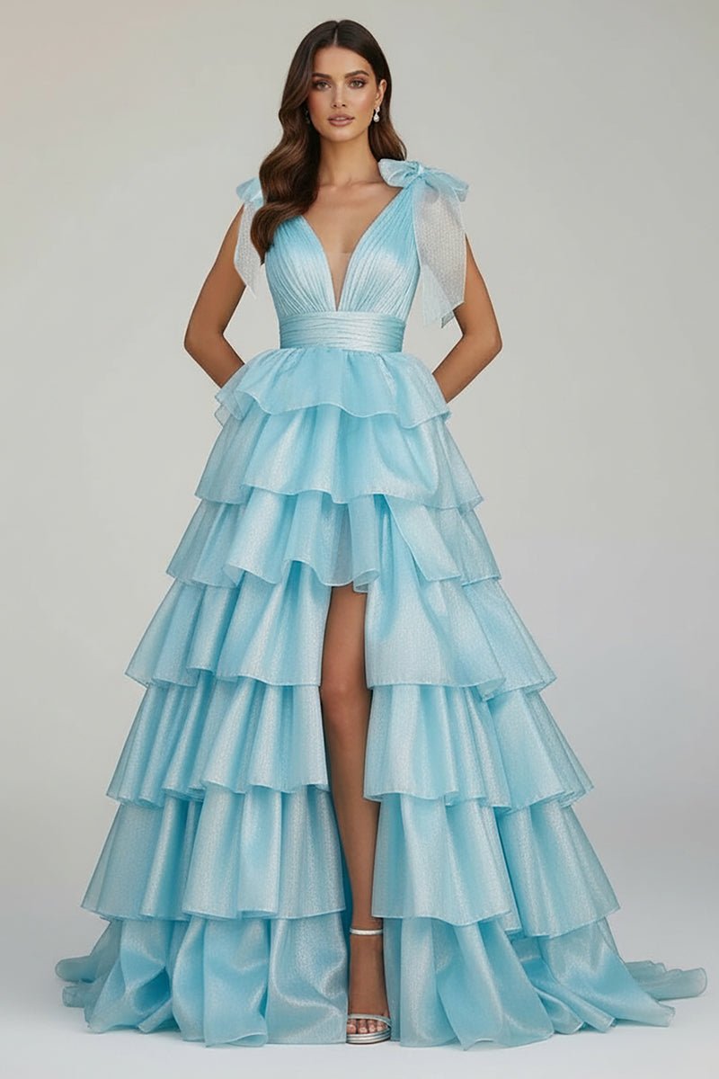 KissProm-August Sky Blue Glitter Tie Straps Pink Plunging Neck Tiered Long Prom Dress