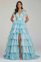 KissProm-August Sky Blue Glitter Tie Straps Pink Plunging Neck Tiered Long Prom Dress